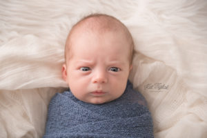 Newborn baby boy with eyes open wrapped in blue swaddle wrap